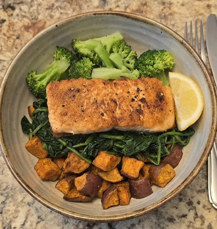 A 70/30 plate from Chef Kate's kitchen — salmon over greens with roasted sweet potato