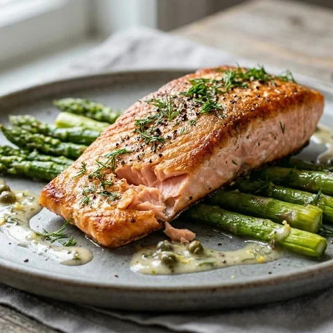 Crispy-skin salmon over asparagus with a lemon-caper drizzle
